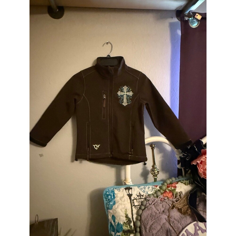 Cowgirl Hardware Girls 7/8 Jacket Brown Western Cross Embroidered Softshell
